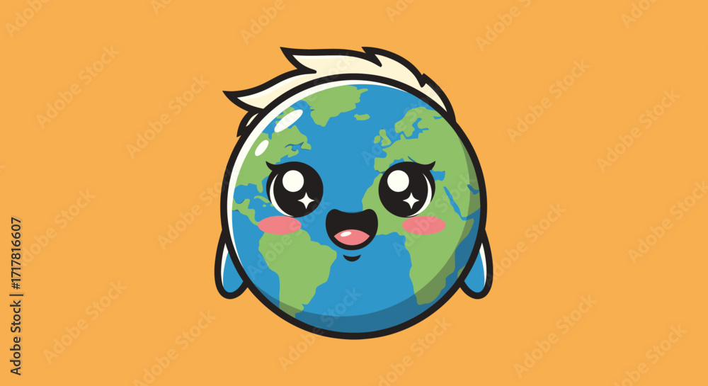 Obraz premium Cute Cartoon Earth with Kawaii Face and Hair.