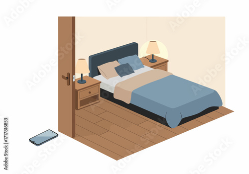Bedroom with a Phone Placed Away on the Floor