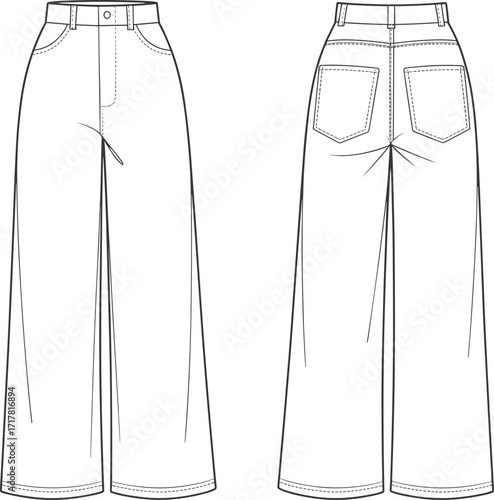 Wide leg pants fashion illustration, technical flat sketch, front and back view, high waist trousers, garment design template, apparel vector drawing