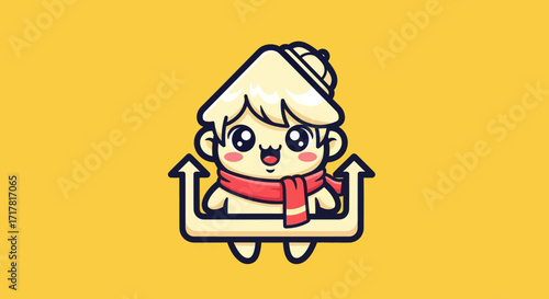 Cute cartoon character with a house-shaped head and a scarf upward arrow graphic design adorable and friendly expression digital illustration whimsical and cheerful design.