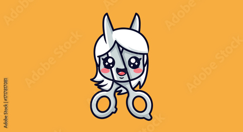Cute cartoon unicorn getting a haircut with scissors.