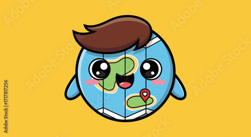 Cute globe character with map design and happy expression on yellow background.