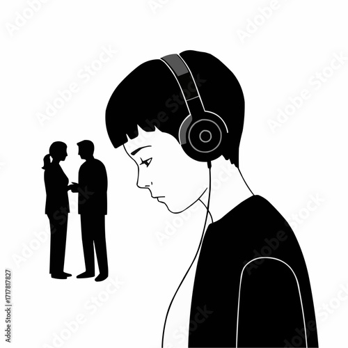 Teenager wearing headphones and ignoring parents during conversation  
