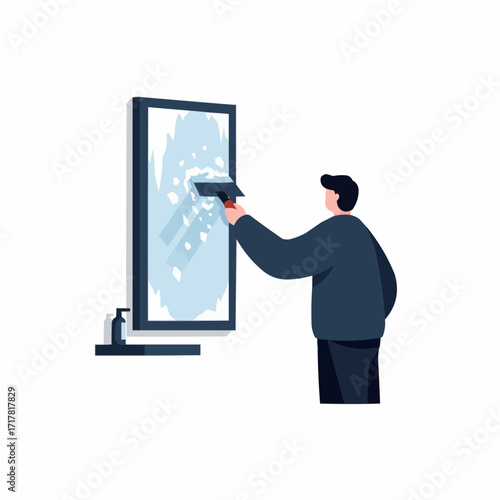 Man cleaning window with squeegee in modern indoor setting  