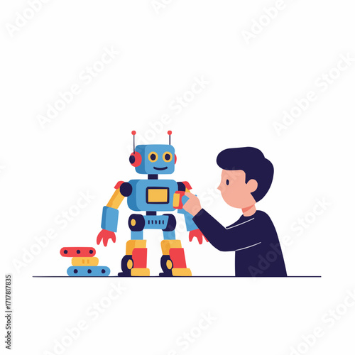 Boy assembling robot toy in a bright and colorful space  