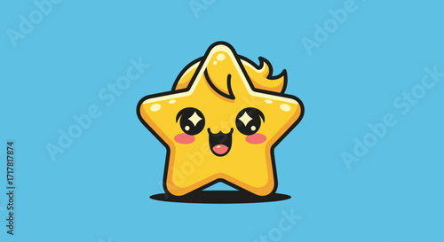 Cute cartoon star with happy face and adorable expression on blue background.