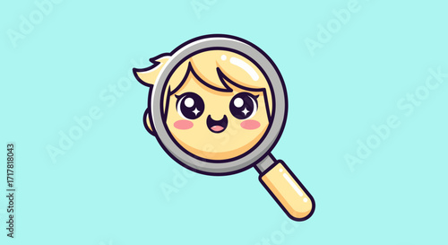 Cute Cartoon Girl Face Magnified by Magnifying Glass.