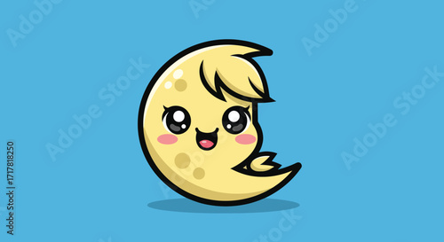 Cute cartoon crescent moon character with blonde hair smiling happily.
