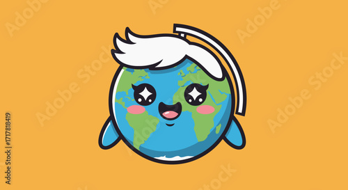 Cute kawaii Earth planet character with a happy expression and sparkling eyes.