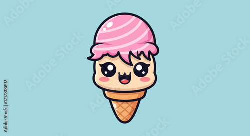 Cute cartoon ice cream cone with a smiling face and pink scoop.