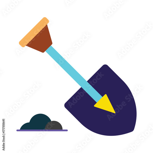 Shovel in the ground symbol for landscaping, farming, or construction work. A simple flat graphic for manual labor and tool concepts.