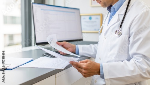 Male doctor wearing a white lab coat and stethoscope, carefully reviewing patient documents and healthcare paperwork while working at a desk in a medical office with a computer