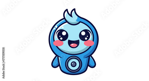 Cute blue cartoon character with big eyes and happy smile.
