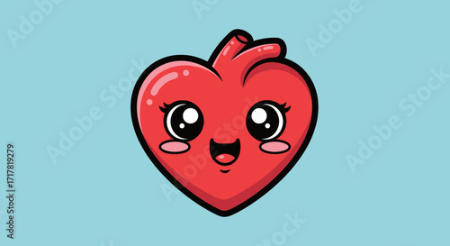 Cute cartoon anatomical heart character with big eyes and happy expression.