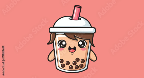 Cute cartoon boba tea cup with straw and happy expression.