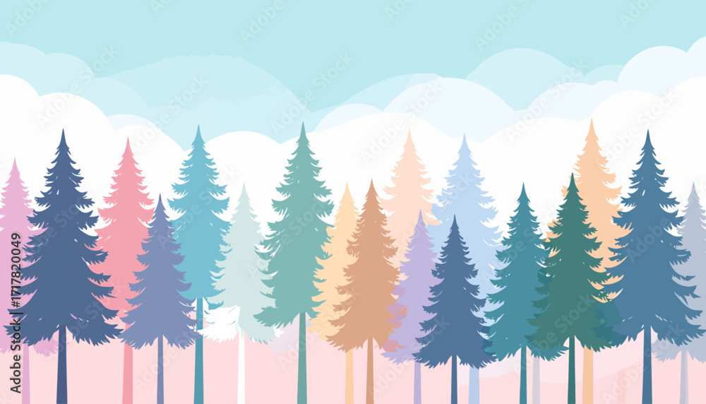 Fototapeta premium Colorful Abstract Forest Landscape with Pastel Clouds.