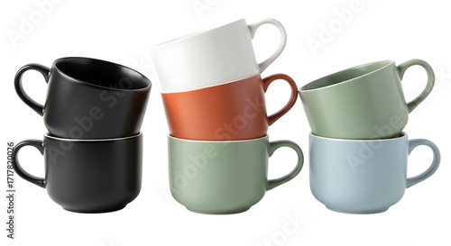 Stack of colorful ceramic mugs isolated on transparent background, showcasing a variety of pastel and neutral tones these modern cups are perfect for coffee, tea, or any beverage, adding a touch of st