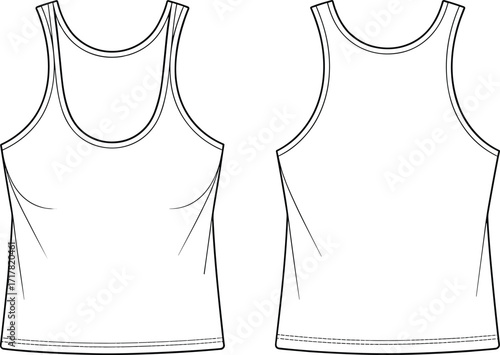 Women tank top template, front and back view, fashion flat sketch, apparel outline, sleeveless shirt design, clothing mockup, vector fashion illustration