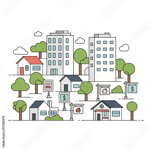 Real Estate Scene Line Art Depiction of Houses, Buildings, and Sale Signs in a Vibrant Neighborhood
