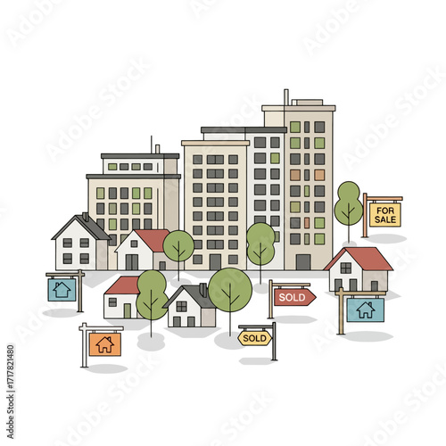Real Estate Market Scene Homes and Buildings with For Sale and Sold Signs Illustration