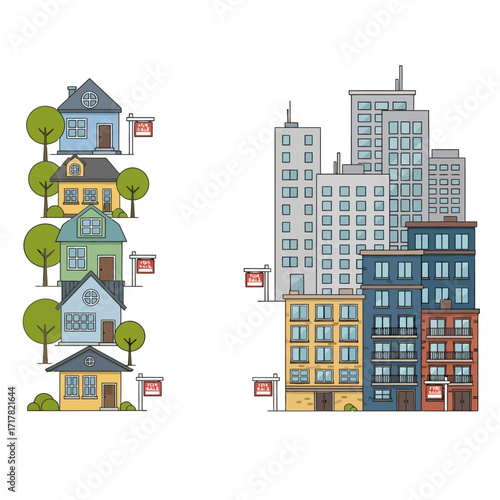 Residential Diversity A Colorful Suburban Homes & Urban Skyscrapers Blend Illustration