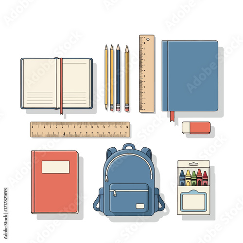 School Essentials Flat Lay Notebooks, Backpack, Rulers, and Crayons for Back to School Organization