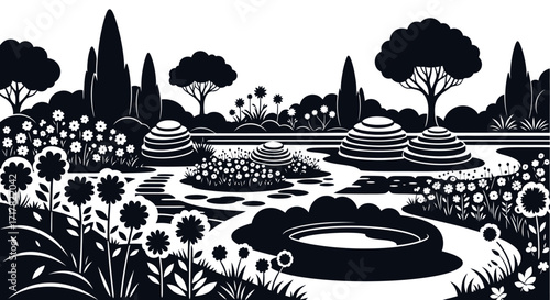 Stylized black and white garden illustration featuring flowers and topiaries