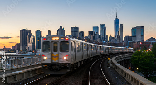 Train moving on tracks with the New York City skyline in the background at dusk.