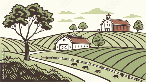 Idyllic rural scenery with rolling hills, barns, trees, and grazing cows along a winding road under a cloudy sky