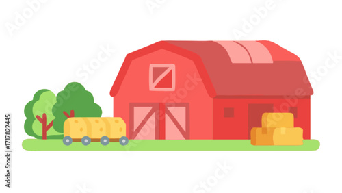 A quaint red barn stands proudly amidst a lush green field, with hay bales and trees adding to the idyllic countryside scene
