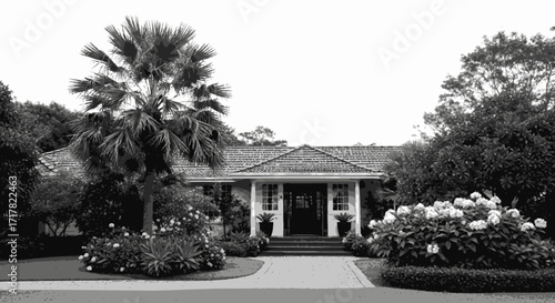 Monochrome Suburban Home Landscape with Palm and Flowers