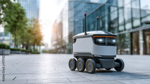 Autonomous delivery robot on urban plaza with modern buildings in background