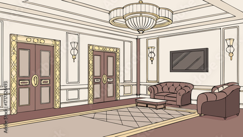 Illustration of a luxurious living room with elegant furniture and decor, creating a sophisticated and inviting atmosphere