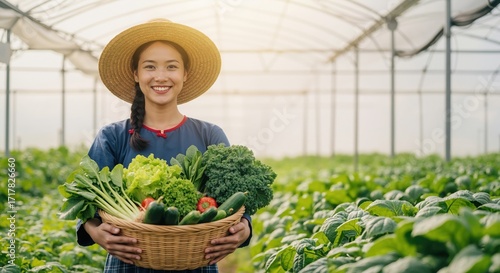 Happy Asian farmer holding a basket of fresh vegetables in a sunlit greenhouse. Organic farming and local produce concept