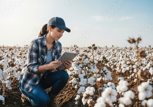 Female farmer using a digital tablet in a cotton field. Agronomist inspecting crop quality with modern technology. Smart farming and agritech concept