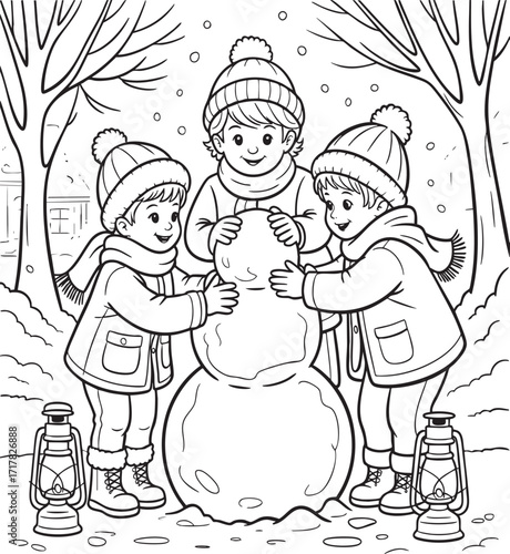 Three children building a snowman together in a winter scene with lanterns and falling snow outline art