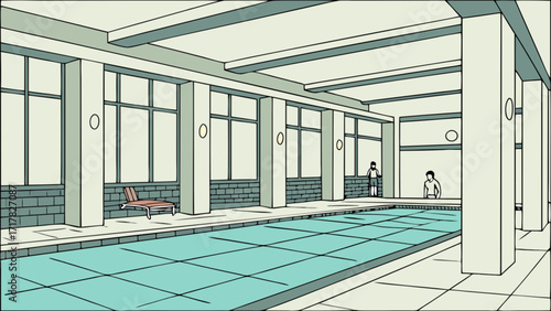 Indoor swimming pool with blue water and white walls, with people swimming and relaxing on the side, in a cartoon style illustration