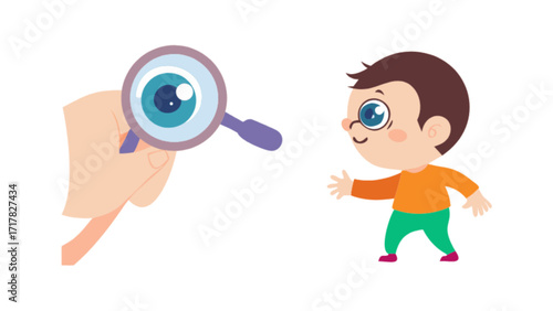 A curious child being observed through a magnifying glass, symbolizing investigation, discovery, and exploration