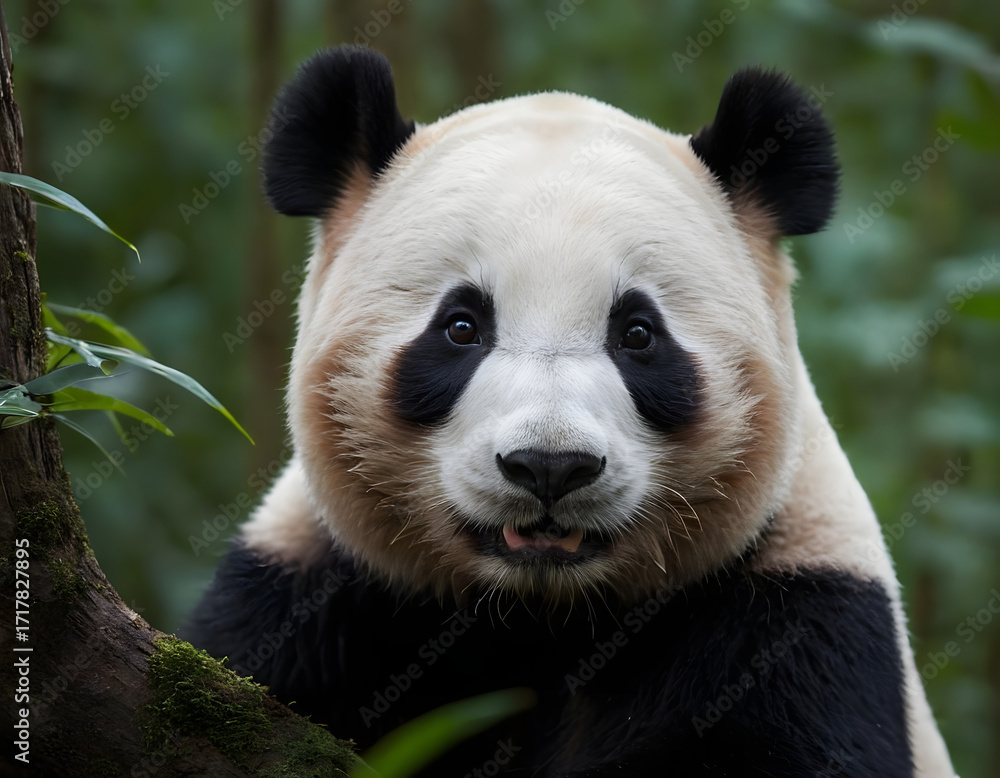 Fototapeta premium Giant Panda Sitting in Forest. Cute Panda in Natural Habitat. Wild Panda Resting on Mossy Ground. Endangered Panda in Bamboo Forest. Adorable Panda Sitting Peacefully in Woods