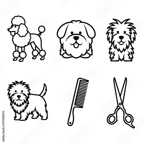 Adorable dog grooming icons set featuring poodles terriers scissors and combs for pet care businesses silhouette