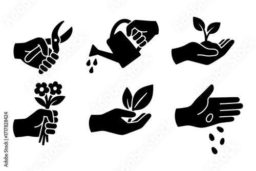 gardening hands silhouette icons , pruning, watering can, sprout, flowers, planting seeds
