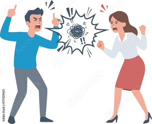Illustration depicts a man and woman engaged in a heated argument, expressing anger.