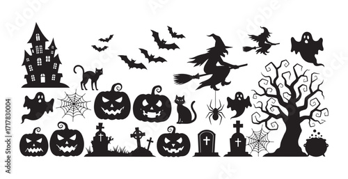 A large collection of Halloween silhouette elements. Spread out horizontally on a white background.