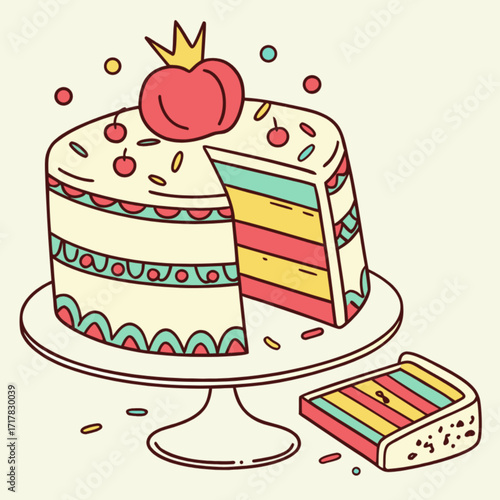 Illustration of a multilayered cake with a slice cut out, topped with a tomato and a crown, , celebration theme