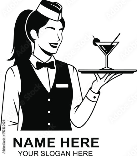 Retro waitress logo design vintage server cocktail tray vector art
