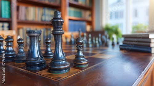 Chess Pieces on a Wooden Board in a Cozy Library Setting