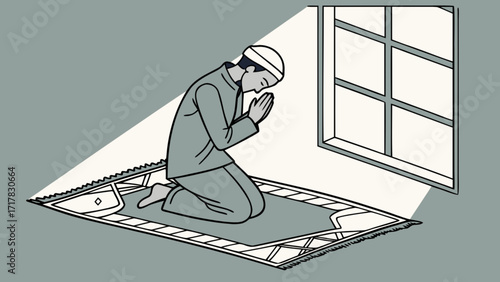 A muslim man is praying on a prayer rug near the window, symbolizing faith, devotion, and spiritual connection in a moment of quiet contemplation
