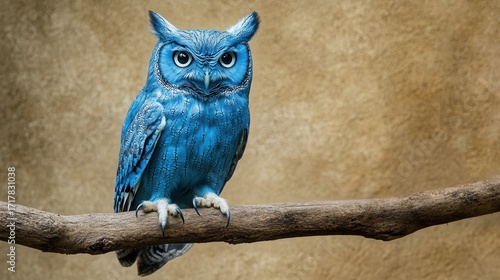 A blue owl perched gracefully on a branch, illustrated with striking detail.