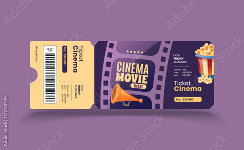 Cinema or movie ticket template featuring a realistic retro cinema design, classic front view layout, and detailed vector illustration perfect for posters, events, collectibles.