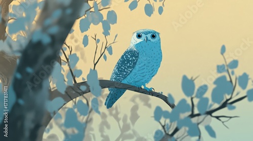 A blue owl perched gracefully on a branch, illustrated with striking detail.